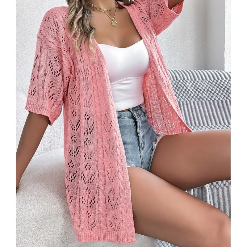 Beach Vacation 2024 Spring/Summer Solid Color Hollow Short Sleeve Knitted Cardigan Vacation Sun Protection Shirt Women\'s Wear