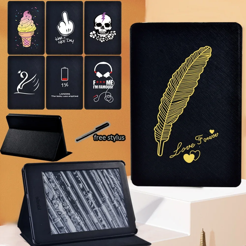 Tablet Cover for Paperwhite 5/Kindle 8th/10th Gen/Paperwhite 1 2 3/Paperwhite 4 Leather Simple Print Anti-drop Stand Case