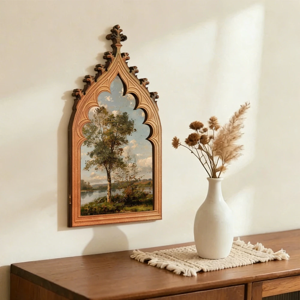 Cross-Border Gothic Church Window-Shaped Vintage Lake and Tree Wooden Wall Plaque For Dark Retro Home Wall Decoration Scenario