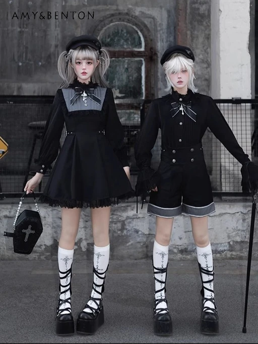 Japoński Vintage Dworski Styl Lolita Seria Książęca Kołnierz Marynarski Płaszcz Koszula Szorty Sukienka Codzienna Subkultura Gotyckie Zestawy Cosplay