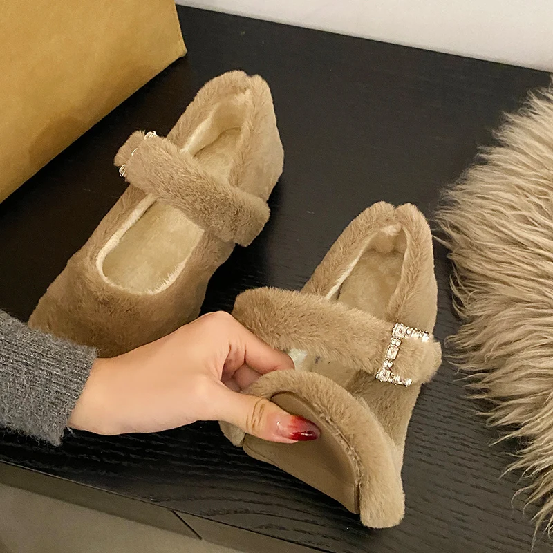 Luxury Fur Ballet Flats Woman Crystal Buckle Mary Janes Ladies Winter Warm Plush Loafers Rhinestone Evening Party Shoes