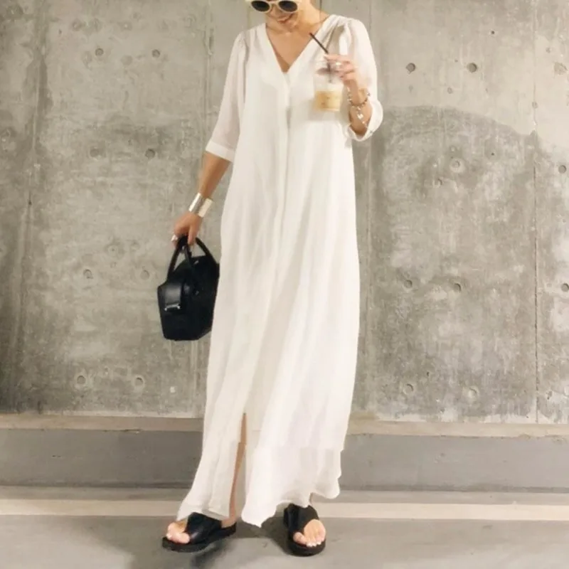Japanese Style V-Neck Maxi Dress Women's Spring Summer Gentle Loose Long Dress Fashionable Two-Piece Set Cotton  Color