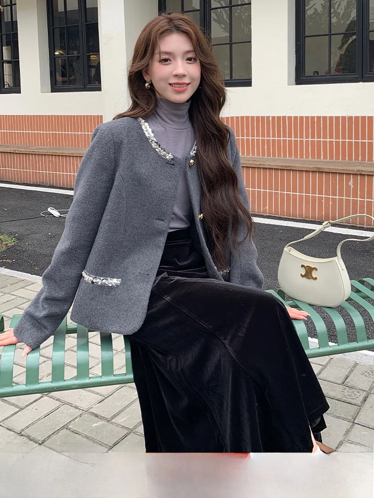 

plus Size Velvet Set Women's Faion Spring 2026 Small Fraance Sle Jaet Silk Fi Tail Skirt Ensemble