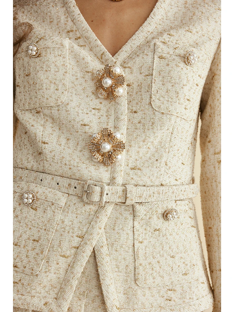

Ele Pearl Brooch Woolen High Waist Pleated Skirt Set V-Ne Waist-Cinching Faionable Autumn Outfit for Women