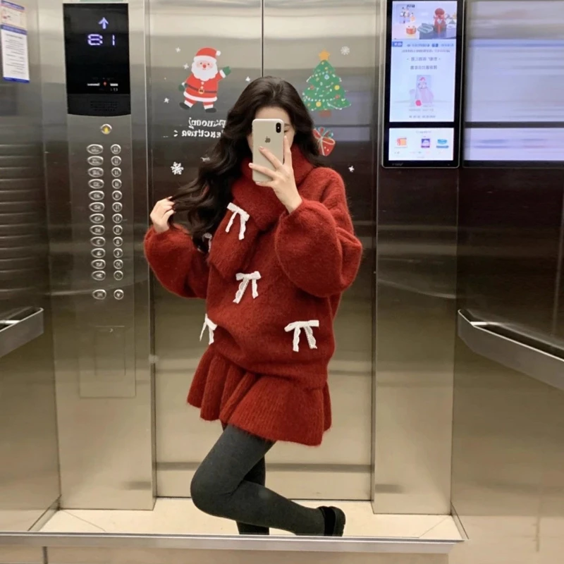 

Осень-зима, новый женский комплект из трех предметов, ленивый вязаный свитер + плиссированная мини-юбка + шарф, элегантный милый уютный мягкий повседневный наряд