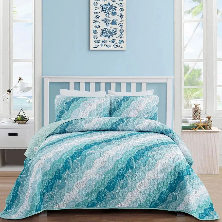 

Summer Coastal Quilt Set Queen Size, Blue Green Ocean Beach Themed Bedding Set Seawave Seashell Conch Starfish Microfiber Lightw