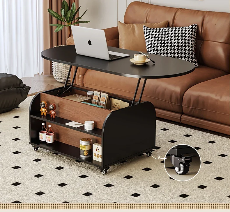 Medieval style movable lifting coffee table Solid wood double-sided storage rattan living room table Small apartment c