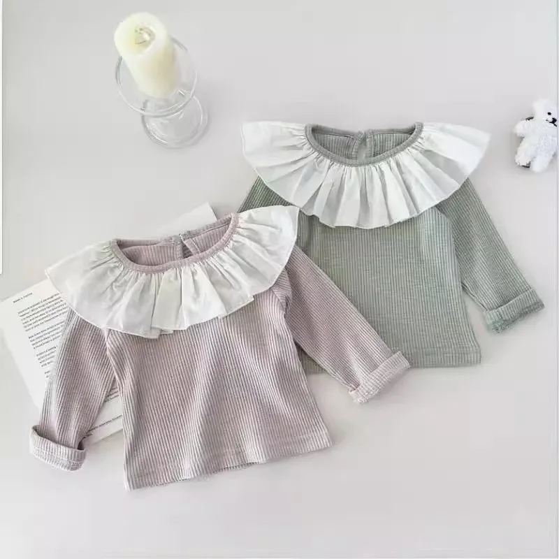 MiniAinis 2025 Spring New Baby Cotton Pit Stripe Long Sleeved T-shirt Girls Large Ruffle Collar Color Blocked Top Girl Clothes