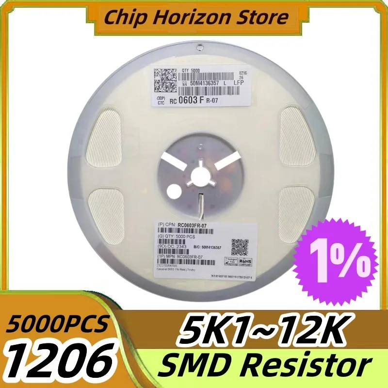 

5000PCS 1206 5K1~12K SMD Resistor 5K6 6K2 6K8 7K5 8K2 9K1 10K 11K 12K 1% Ohm Chip Resistor 1/4W New