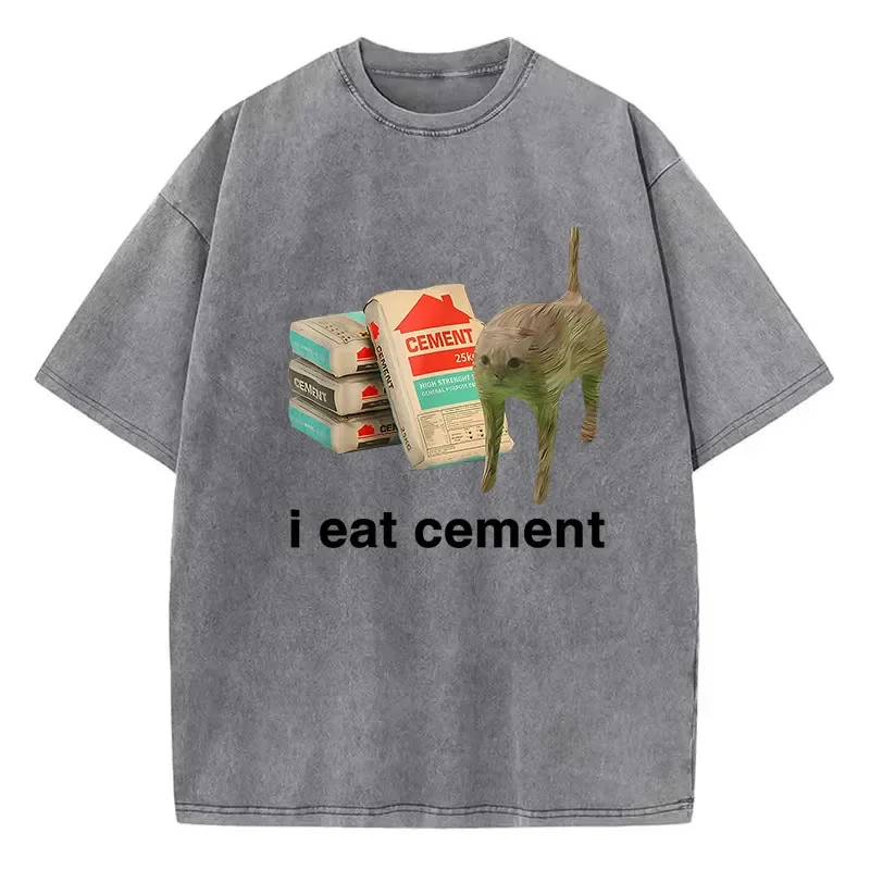 Retro T Shirt Vintage Washed 100% Cotton T-Shirt I Eat Cement Book Cat Graphic Tee Casual Streetwear Spring