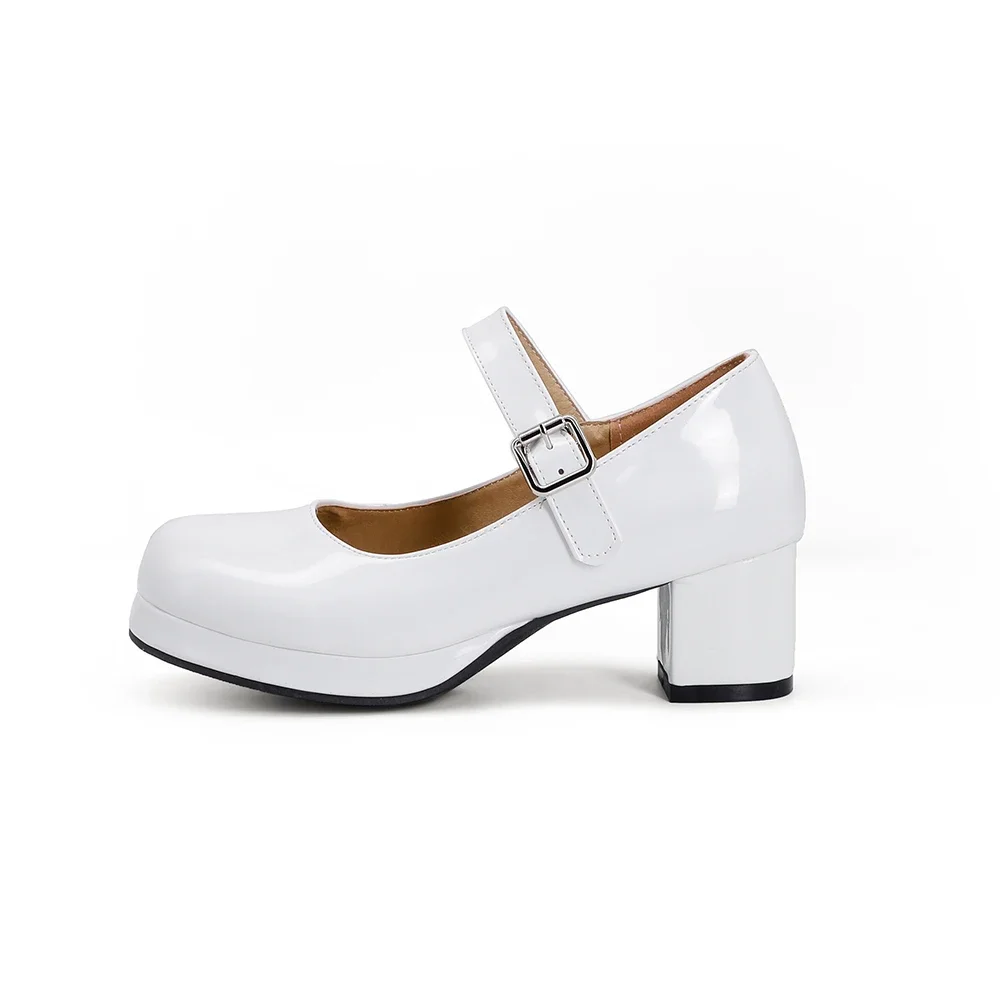 New Sweet Black White Women Casual Pumps Lovely 2 inch Med Sqaure Heels School Lady Dress Shoes Small Big Size 30 46 48 - view 3