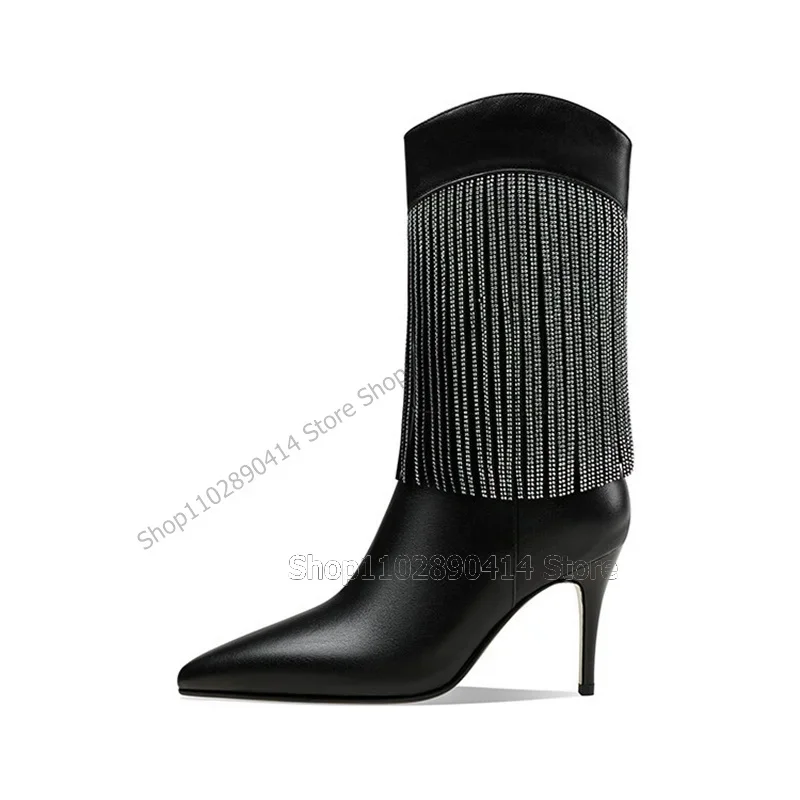 화이트 블랙 크리스탈 태슬 장식 포인티드 토 부츠 슬립온 여성 신발 얇은 하이힐 참신한 패션 2023 여성용 신발