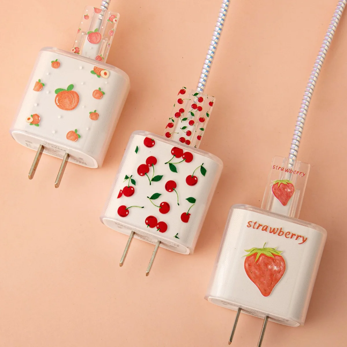 Strawberry Cherry Peach 5pcs Cable Protector for IPhone/ iPad 18W/20W Charger Case Cable Management Phone Wire Cord Organizer