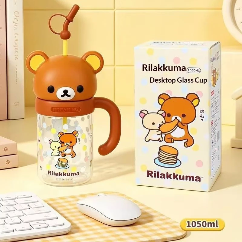 In-Stock Rilakkuma Large Capacity 1050ml Glass Straw Water Cup Anime Cartoon Easy Bear Couple Cup With Handle For Home