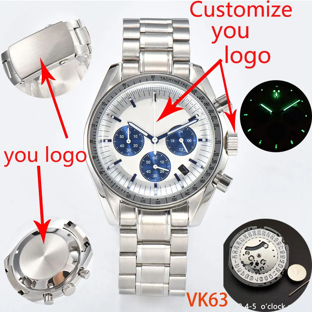 New Men\'s Watch Japanese Quartz Timing Code Customized Logo Three Eyed Panda dial Sapphire GlassStainless Steel Waterproof Watch