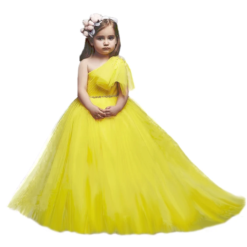 Yellow Pink Purple Green Tulle Girl's Train Party Dress Elegant Floor-length Birthday Dress for Kids Pageant Gown for 1-14Y Kids