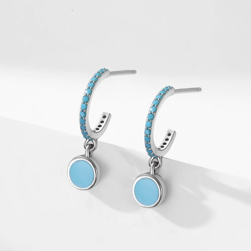 Ailmay 925 Sterling Silver Vintage Elegant Round Natural Turquoise Female Drop Earrings For Women Engagement Anniversary Jewelry