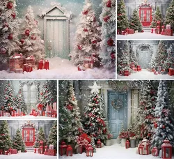 Mehofond Photography Background Winter Christmas Wooden Door Snow Gift Xmas Tree Kid Family Portrait Decor Backdrop Photo Studio