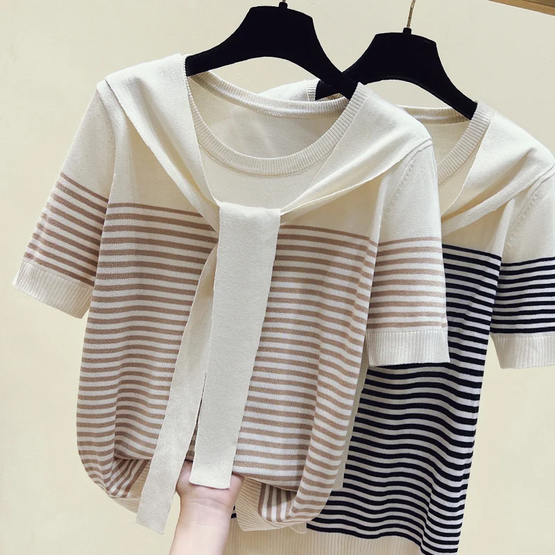 女性のグラデーションストライプニットTシャツ、ラディーズ-ネックプルオーバー、半袖knitwear、アイスシルク、スタイリッシュ、ヴィンテージ、夏、2022