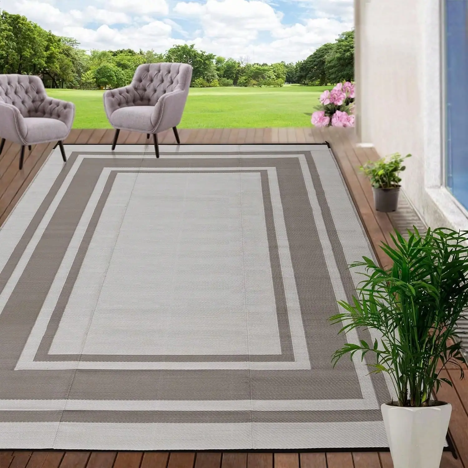 

Outdoor Rugs For Patios , Plastic Straw Mats For Backyard, Porch, Deck, Balcony, Reversible, Geometric