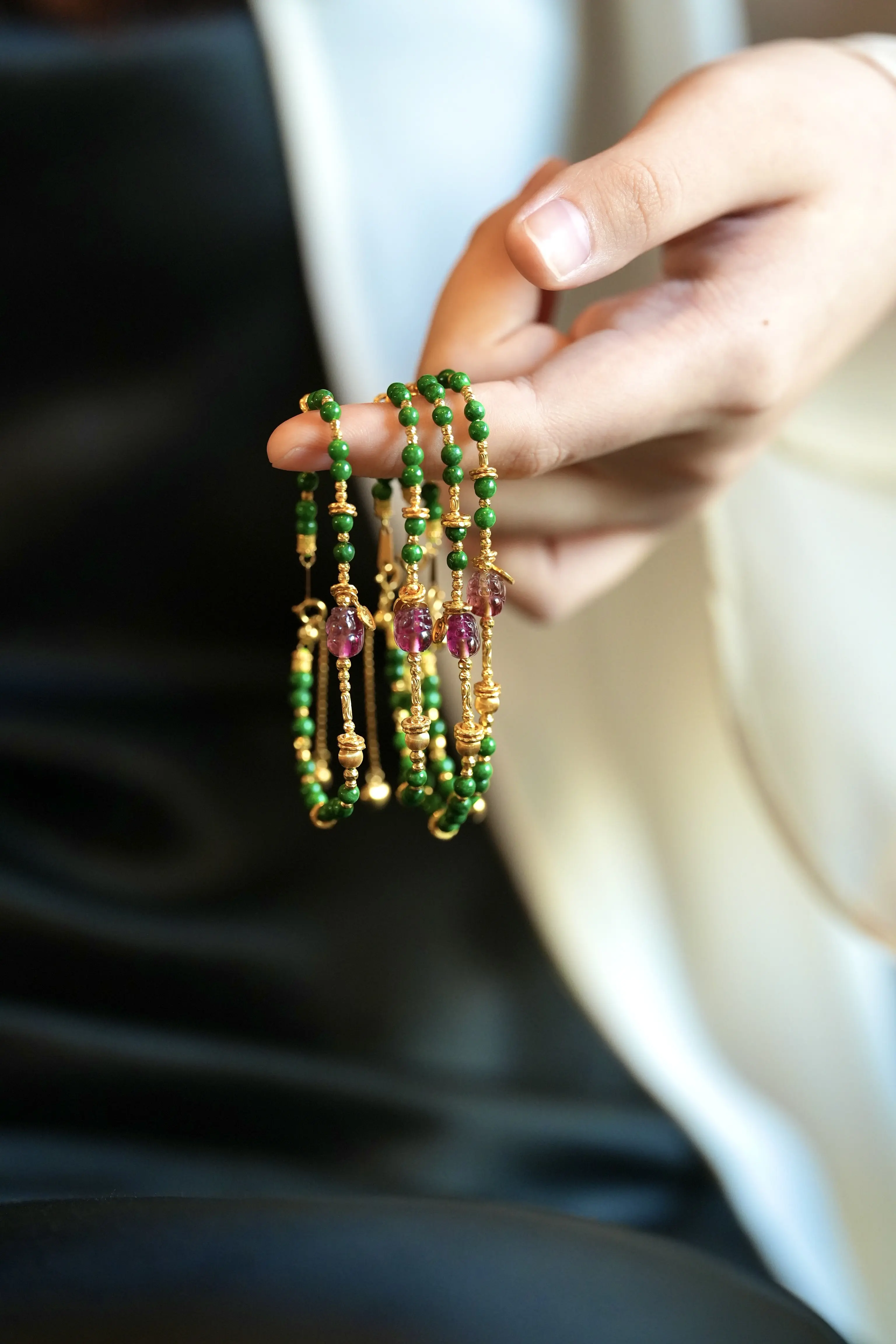 Natural Intense Green Jade Full Color Rice Bead Bracelet, Pink Purple Flawless Pi Xiu, 18K Gold Accent Luxury Jewelry Gift