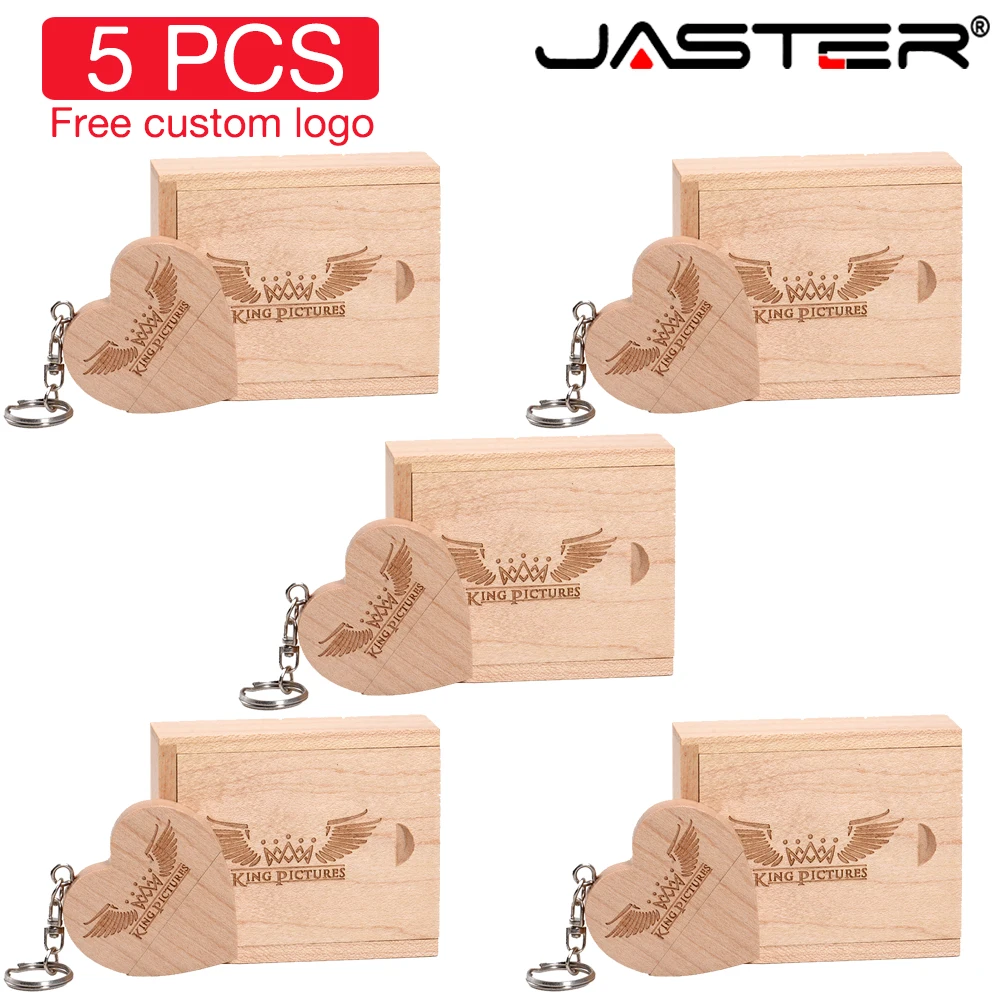 JASTER 5PCS/LOT Wooden Heart USB + BOX USB 2.0 Flash Drives Free logo Pen drive 128GB 64GB 32GB 16GB 8GB 4GB Memory stick U Disk