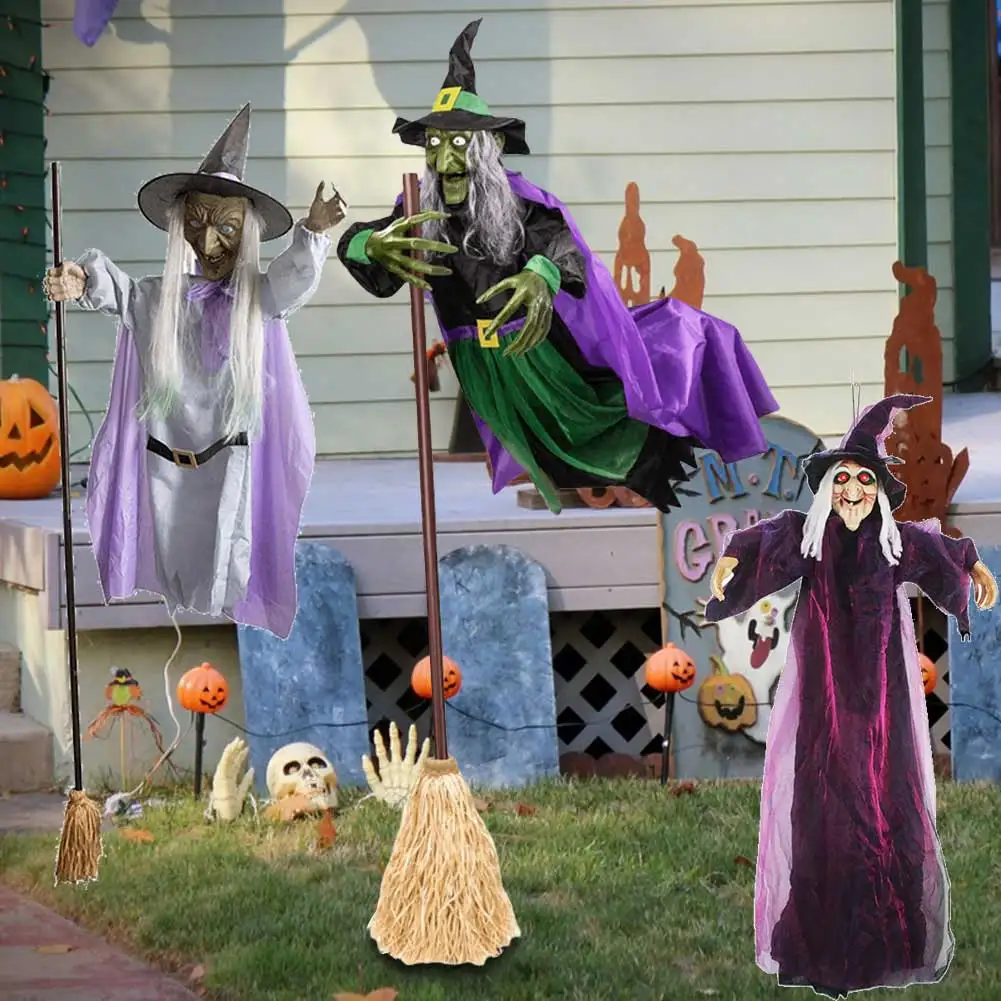 

6 Foot Flying Witch Decoration, Halloween Ghost Props with Terrifying Sounds and Lights, Halloween Decoration Outdoor Garden