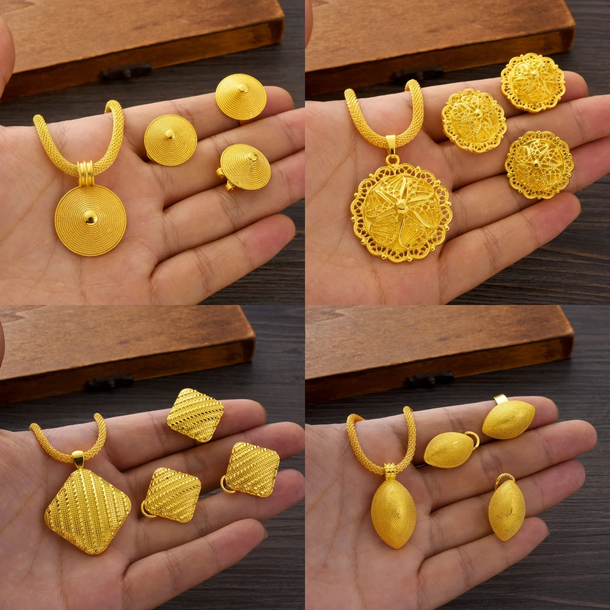 Discount Ethiopian Jewelry Sets Multiple Ring Earring Necklace 3-Piece Set African Eritrean Wedding Engagement Gift #173