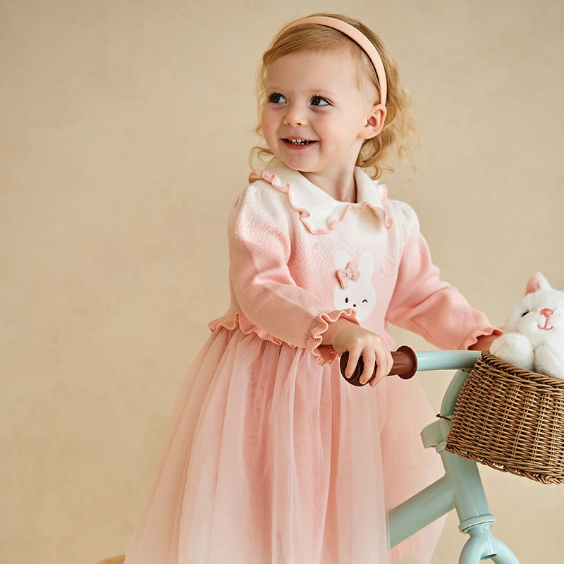 Dave Bella Girl Long Sleeve Princess Mesh Dress Children Winter Knitted Sweater Dress Sweet Party Outdoor Clothes DB1240227