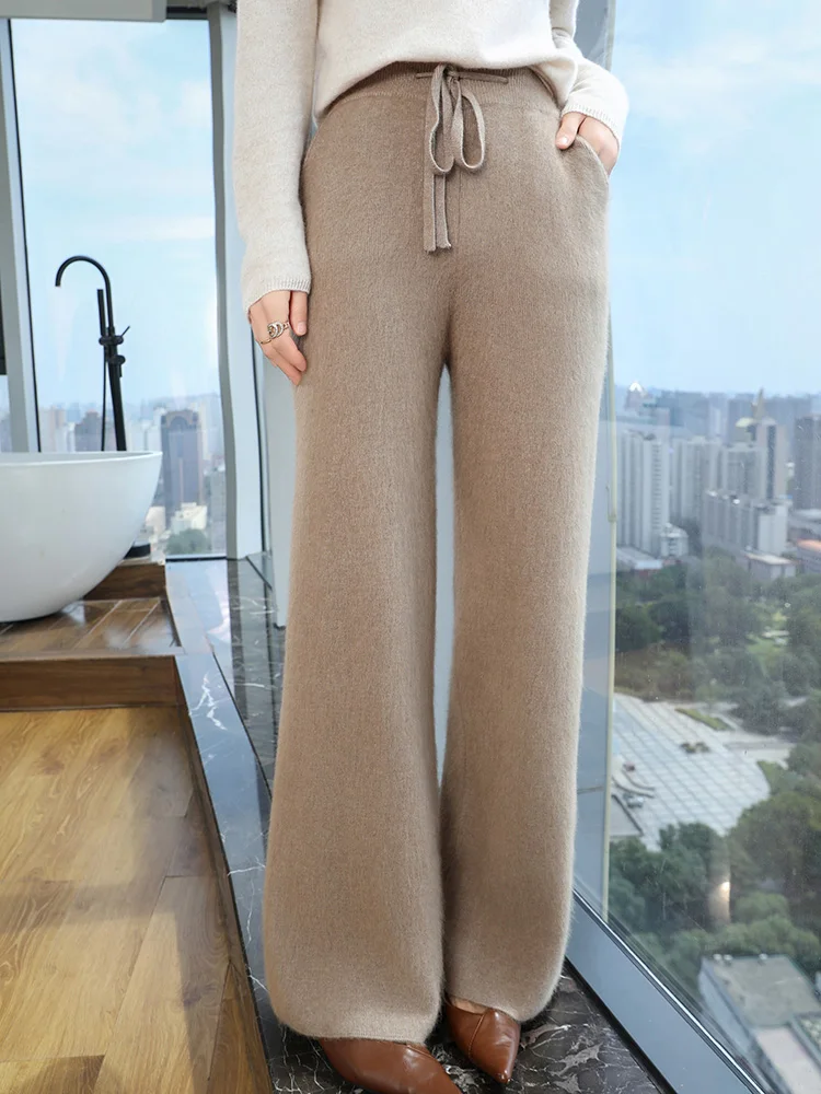 100% Pure Mink Cashmere Knitted Wide-Leg Pants Women Lace-up Elastic High-Waisted Trousers Casual Loose Mop Pants Thick Leggings