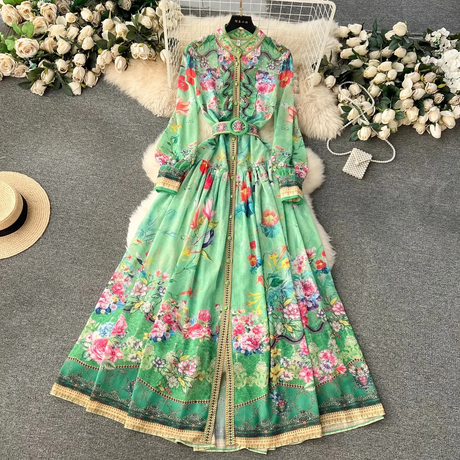 

Women's Chiffon Maxi Dress, Long Lantern Sleeve, Floral Print Belt, Boho Robe, Gorgeous Flower Stand Ruffles, Holiday Fashion