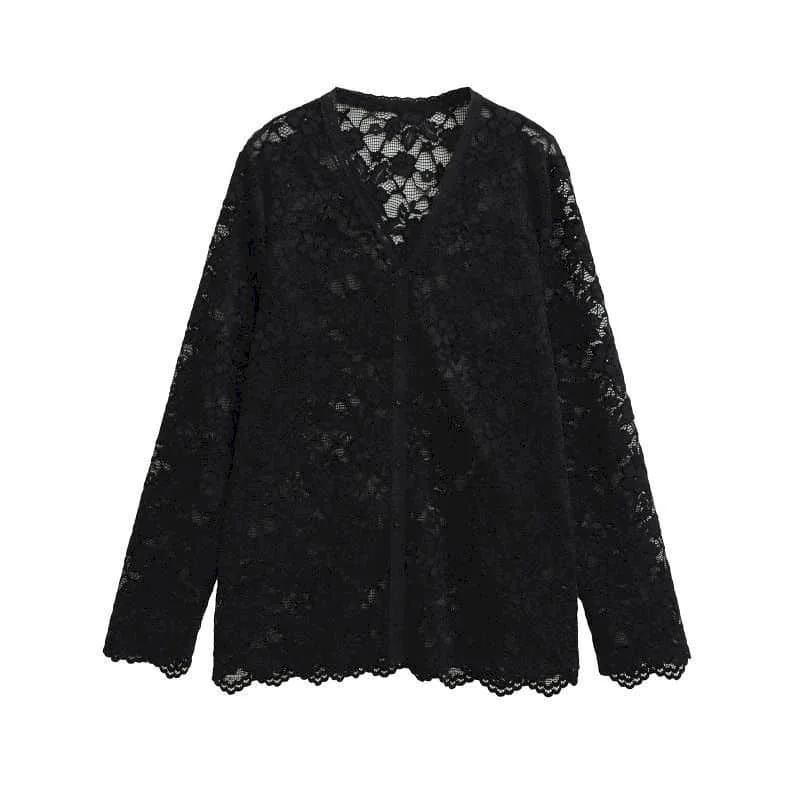 

T-shirts Women Solid Elegant Lace V-neck Loose Sexy Tops Vintage Casual American Style Smock Long Sleeve Autumn Women Clothes