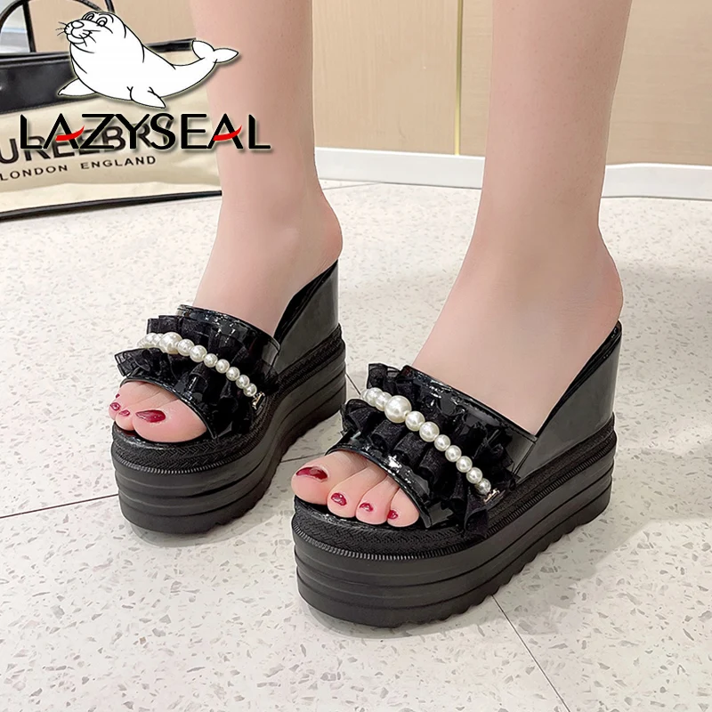 LazySea 12cm Super High Heels Women Slippers Pearls String Bead Height Increasing Slides Women Wedge Shoes Platform New Shoe