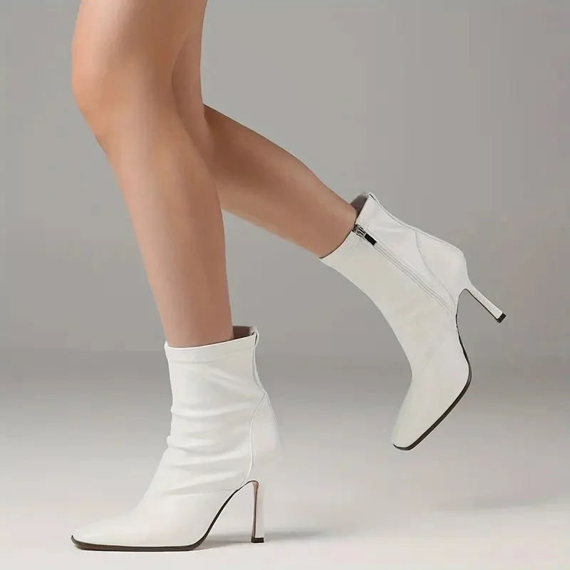 أحذية نسائية للكاحل بكعب ستيليتو بمقدمة مربعة - أحذية سوداء بغطاء من البولي يوريثان مع سحاب جانبي، أحذية عالية الكعب عصرية تناسب الجميع