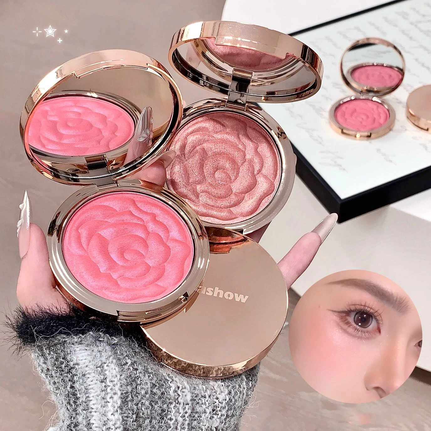 Kakashow Geprägtes Rosen-Rouge Schimmernd Multifunktional für Rouge Highlighter Lidschatten Natürliches Pigment Atmosphärisches Make-up