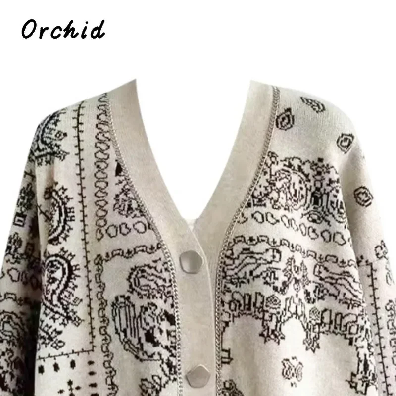 سترة نسائية موضة الحياكة والطباعة 2024 سترة شتوية عتيقة غير رسمية واحدة الصدر بأكمام طويلة ورقبة على شكل حرف v سترات فضفاضة