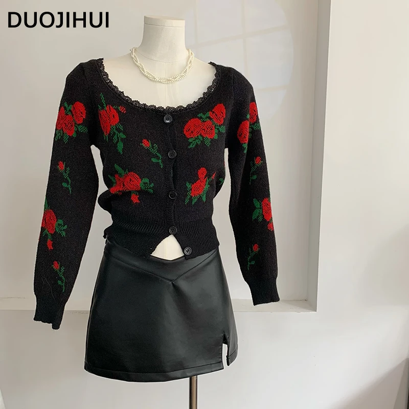 DUOJIHUI Vintage Square Neck Chicly Floral Women Cardigan French Autumn New Sweet Fashion Single Breasted Simple Female Cardigan