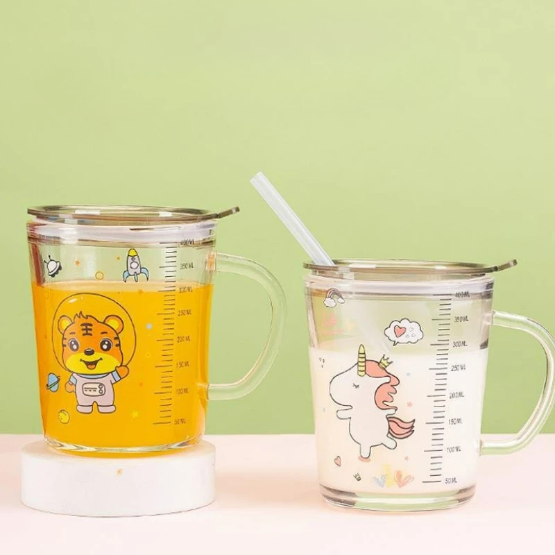 Cartoon Glass Mug with Lid Children Milk Glass Cup Cute Water Bottle with Straw Cup Transparent Breakfast Cup Home Accessories