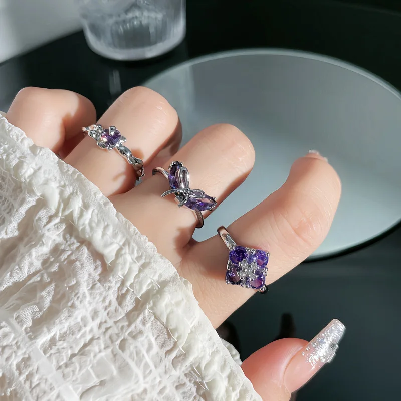 

Beaded Bow Clover Purple Crystal Adjustable Open Ring, Edgy Cute Gothic Jewelry for Women, Dainty Party Gift Accessory
