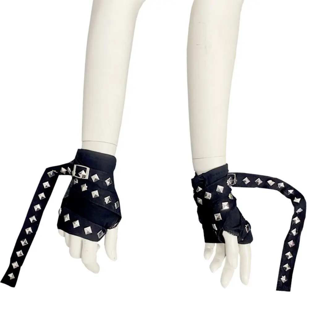 Elastic Rope Cross Rivet Gloves Hip hop Korean Style Fingerless Gloves Gothic Punk Short Arm Warmer Outdoors