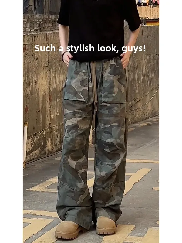 

Американские ретро-брюки-карго для мужчин, летние, камуфляжные, с большими карманами, в стиле парашютиста, широкие, свободные, прямые штаны-карго