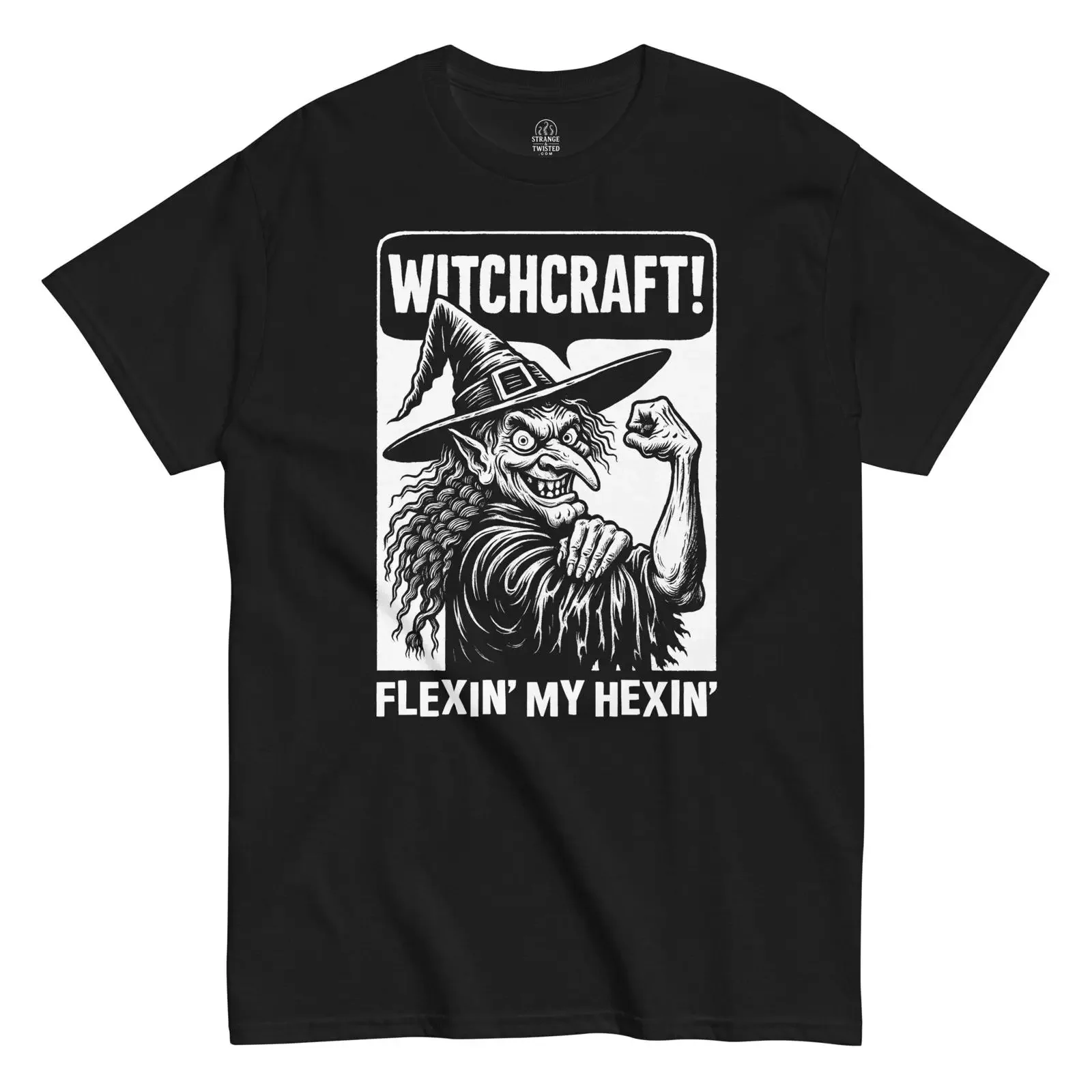 Black t shirt with a graphic of witch and text 'Witchcraft Flexin' My Hexin'' on white background vintage Washed Breathable