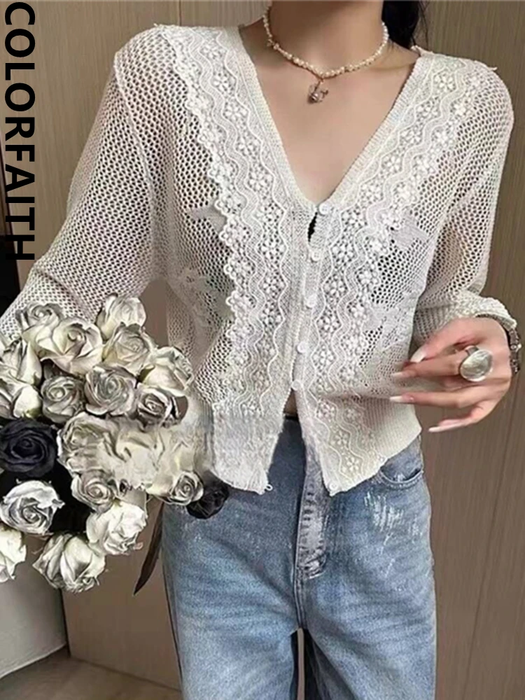 Colorfaith SWC6831JX New 2024 Lace Striped Cutout Wild Korean Fashion Knitting Cardigans Women Autumn Winter Sweaters Short Tops