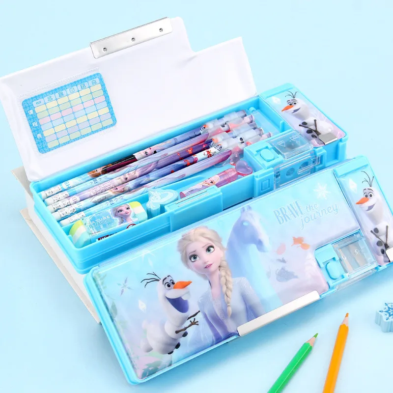 Scatola di cancelleria a due strati Frozen Princess Elsa Animazione Studente Scatola di penne multifunzionale di grande capacità Regalo di compleanno per bambini