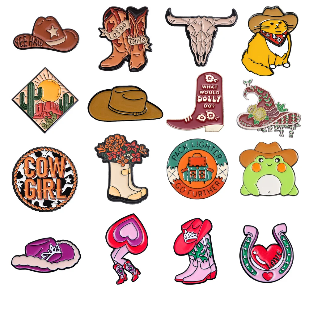 Creative Cowboy Metal Brooch Hat Flower Boots Bullcat Cow Girls Horseshoe Cute Cowboy Frog Backpack Metal Badge Punk Pin Jewelry