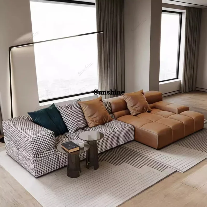Fabric sofa small apartment corner module floor contrast color, tofu block advanced designY