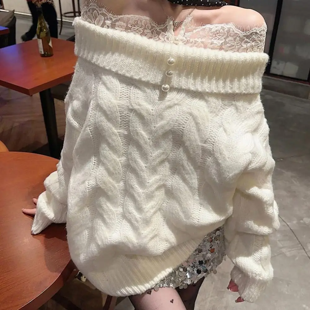 

Lace Long Sleeved Knitwear Loose Bottoming Shirt Off Shoulder Sweater Top Spring Autumn Winter Pullover Knitted Top for Women