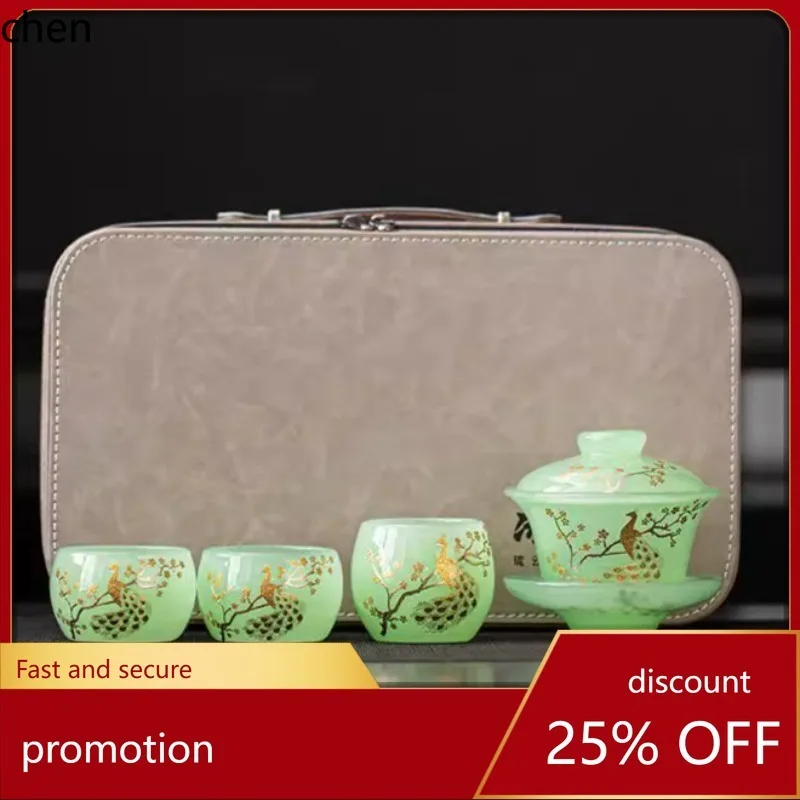 H1 ice glazed covered bowl tea cup portable travel bag kung fu tea set suit golden malachite green glazed classy gift