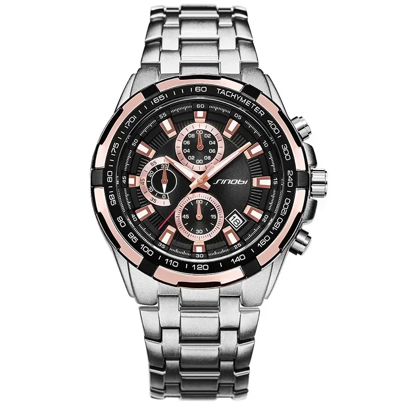 NEWMen ساعة رجال الأعمال ثلاثة عيون ستة إبرة متعددة الوظائف الصلب قطاع ساعة مقاوم للماء ساعة غير ميكانيكية 9720