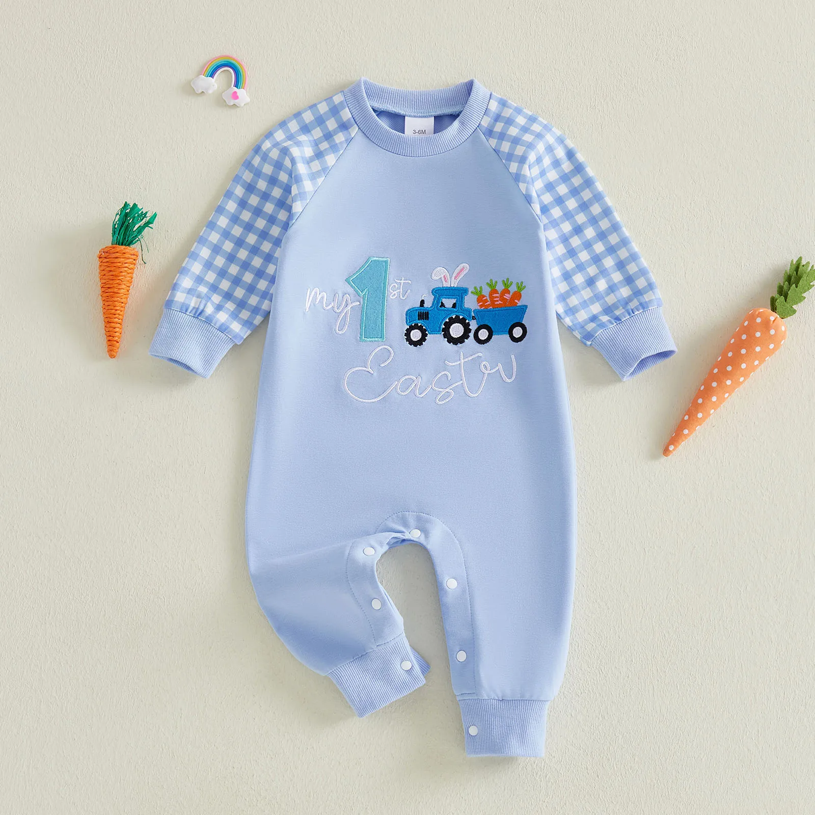 

Пасхальный комбинезон для маленьких мальчиков с вышивкой в виде кролика и клетчатым узором, с длинными рукавами, круглым вырезом и полной длиной, для весны.